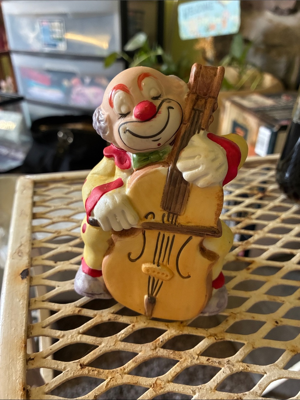 Hand-Painted Clown Musician Ceramic Bell Figurine in Yellow and Red